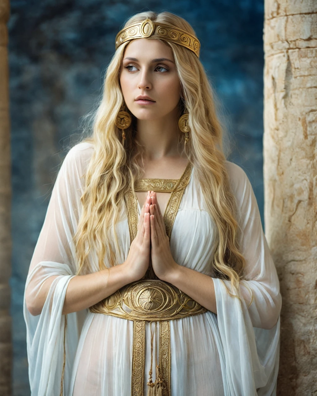Ancient Greek Priestess, very pretty, blonde long hair, sheer tunic, praying to the goddess Athena, very sensual, photographic quality.