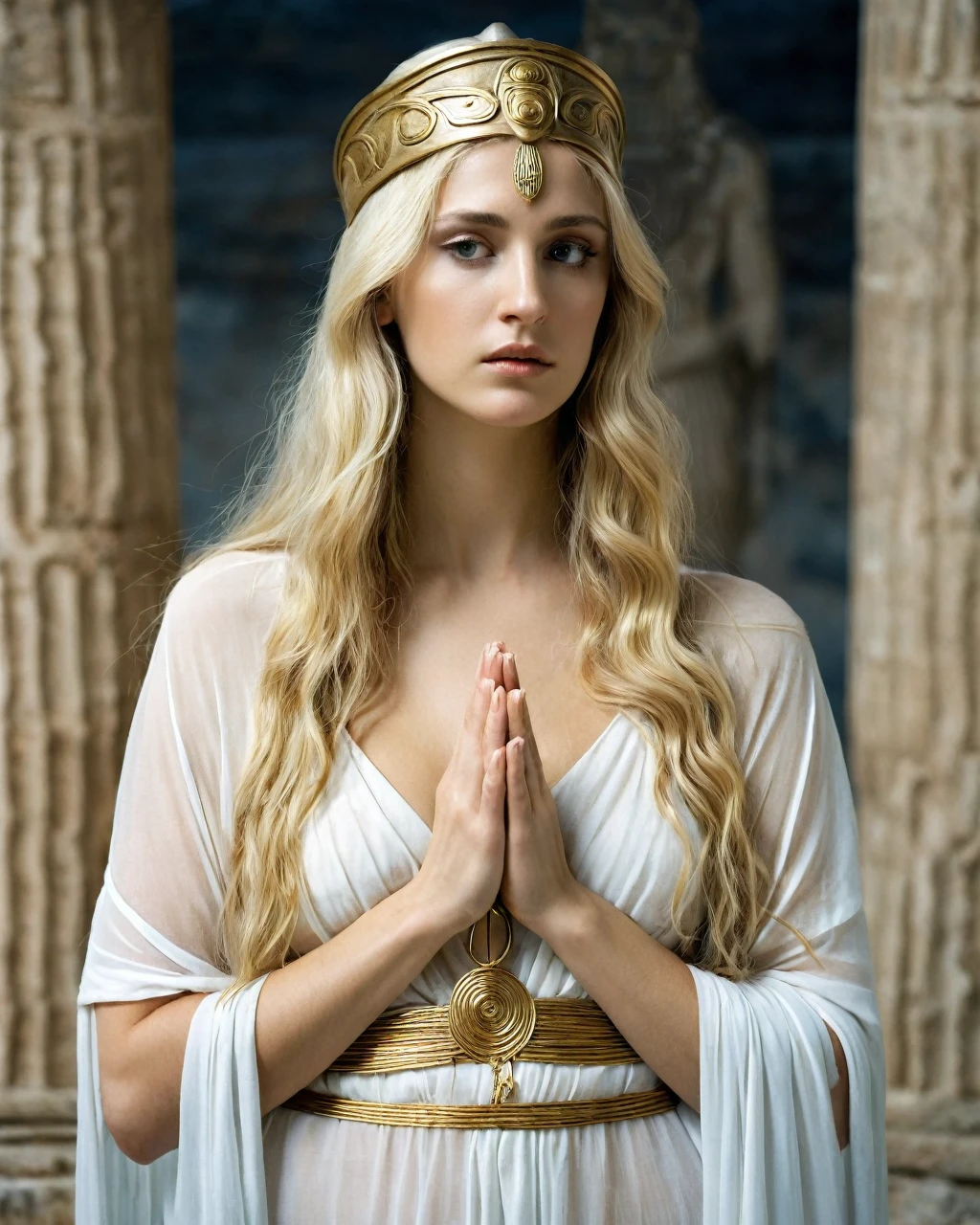 Ancient Greek Priestess, very pretty, blonde long hair, sheer tunic, praying to the goddess Athena, very sensual, photographic quality. 