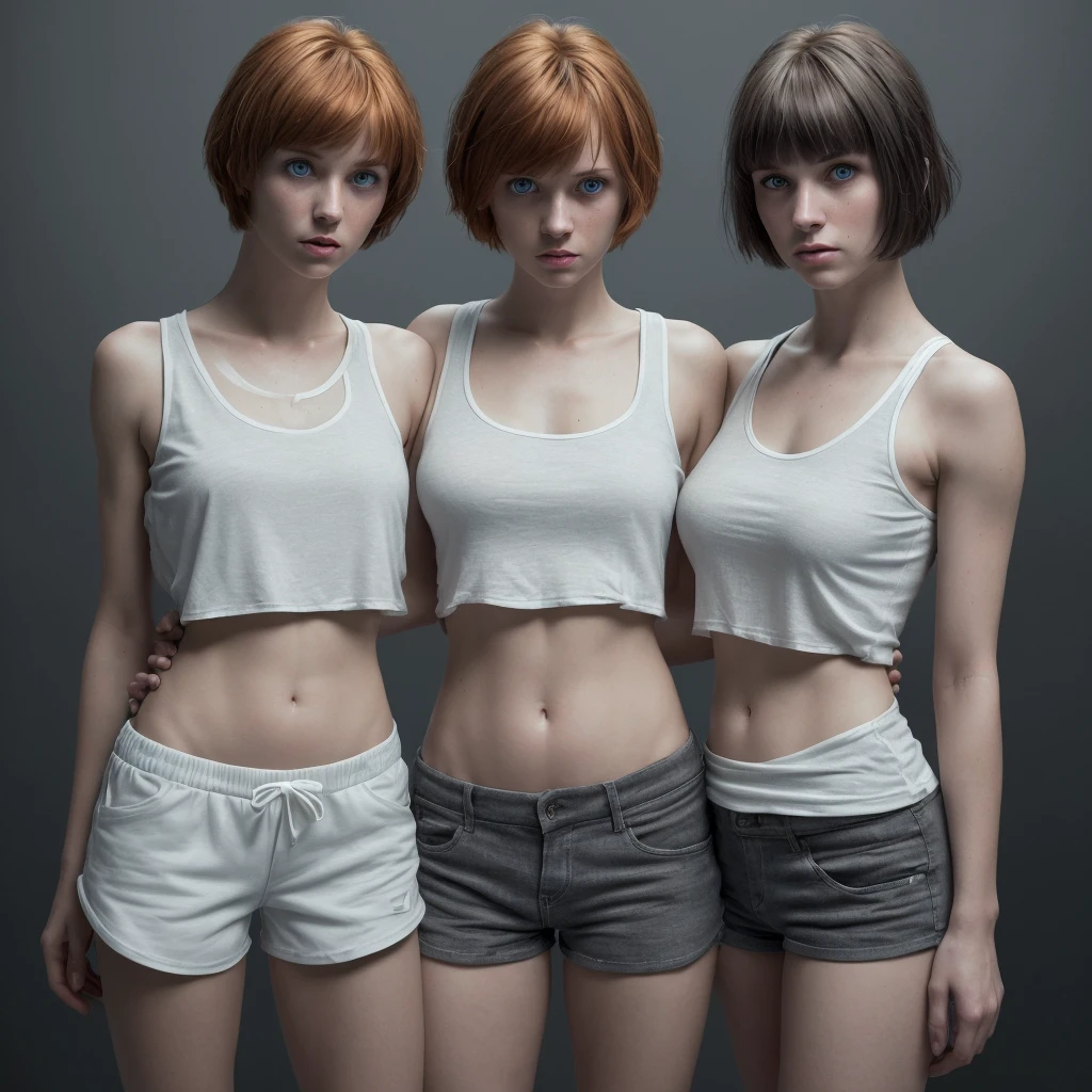 two 28-year-old girls, in a white tank top and small shorts (Standing dark gray background) one is look down and one look strait, Highly detailed, ginger short Haircut with bangs, dark-blue eyes, high resolution, The best quality, Highly detailed, sharp focus, detailed skin, texture, detailed eyes, professional, 4k, extremely detailed, Photo_\(ultra\), Realstic, Maximum details, Atmospheric lighting.