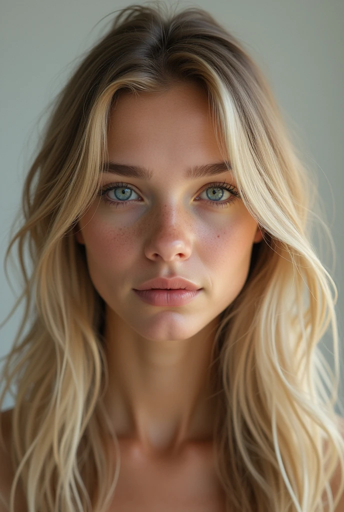 20 year old blonde woman, realistic, long straight hair
