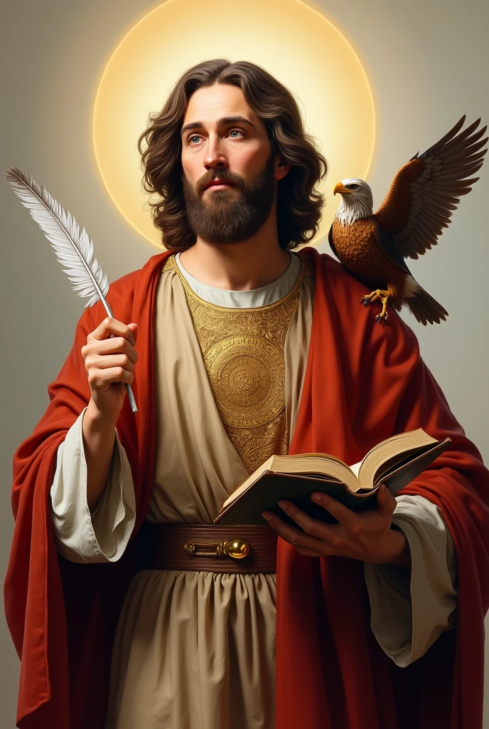 "Create an image of Saint John the Evangelist in a classical style, with a serene and contemplative expression. He must be wearing traditional clothes, with a flowing tunic and rich details. In one hand, he holds a feather, symbolizing the writing of the Gospel, in another a book representing the gospel 
. on the shoulder, there must be an eagle, representing spiritual vision and higher understanding. The background can be soft and bright, with a spiritual atmosphere that highlights the presence of Saint John and his symbols."

