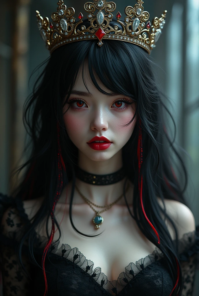 beautiful black haired vampire girl with red streaks under her hair, clear skin, Red eyes, wearing a crown on his head