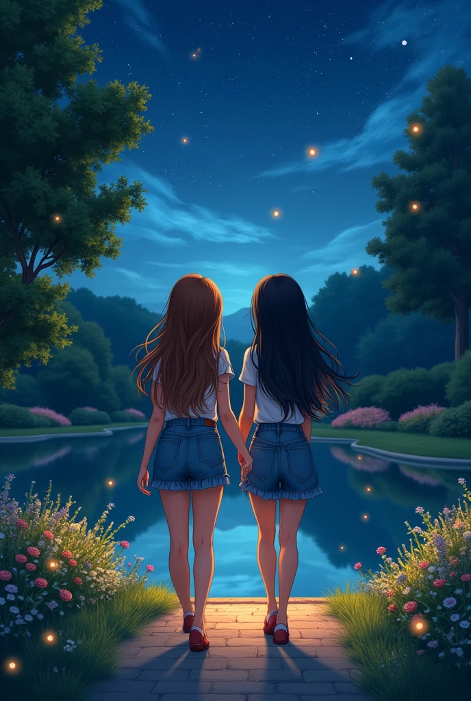 of friends, one with brown hair and one with black hair, walking through a garden with a lake at night.