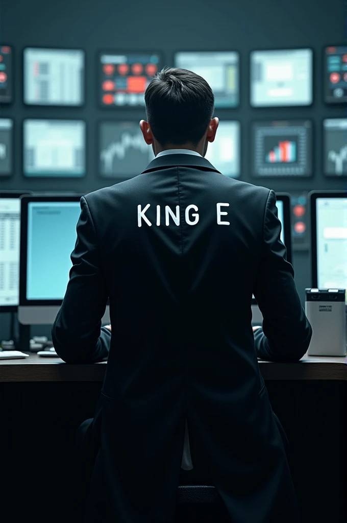 A man in a coat with a name on the back that says "King E" sitting with his back to several monitors