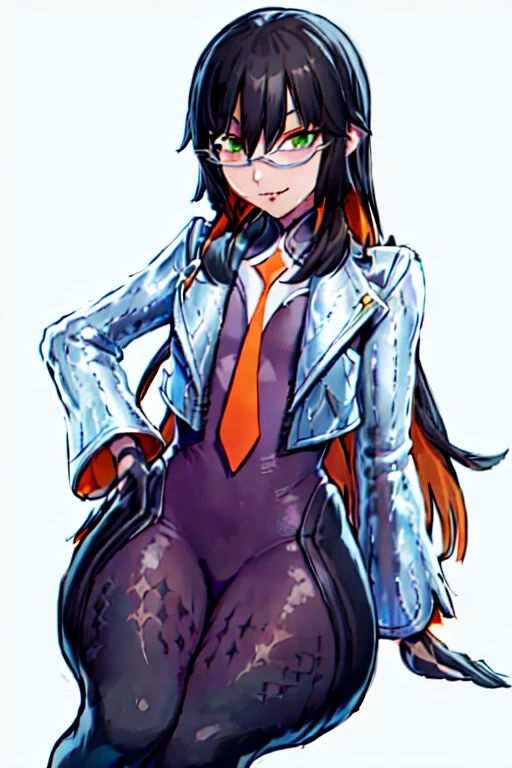 Daraku, Alone, 1girl, glasses, green eyes, solo, jacket, bodysuit, orange tie, long hair, gloves, smile, best quality, masterpiece, leather trouser, Detail, sitting, Looking at viewer, Cowboy Shot, 