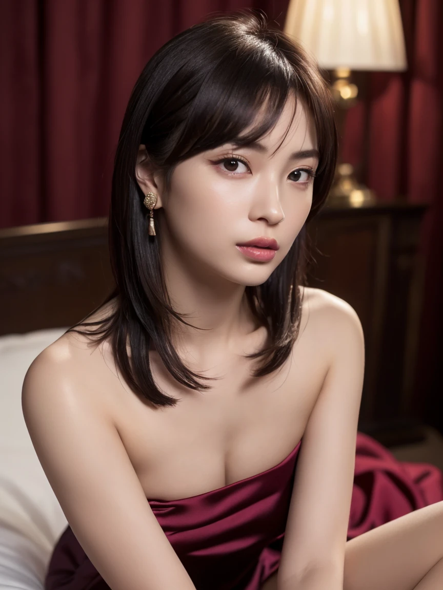 (masterpiece:1.2), Very detailed, Ultra-high resolution, (Realistic, photo Realistic:1.6), High-resolution RAW color photos, Professional photos, Sharp focus:1.2, (Very detailed顔と肌の質感, Very beautiful eyes, Glossのある肌, Glowing Skin, Glowing Skin, Shining Face, Gloss, Oily skin, greasy face, Oily skin, greasy face,), (real Glossのある肌 texture), Perfect Anatomy, Very detailed背景,(Ultra luxury hotel bed),1 female,25-year-old woman, Japanese women,height: 168cm,short hair, Straight hair, bangs, Brown Hair,((Flat Chest:1.6)),Slender legs, (((A glamorous, luxurious silk mini-length party dress in a revealing wine red color.:1.6))),(((take off your clothes、Upper body naked:1.4)))、((They had intense sex.:1.6))、((Reaching orgasm:1.6)),(Spread your legs:1.3),Luxury earrings、Luxury Necklace、