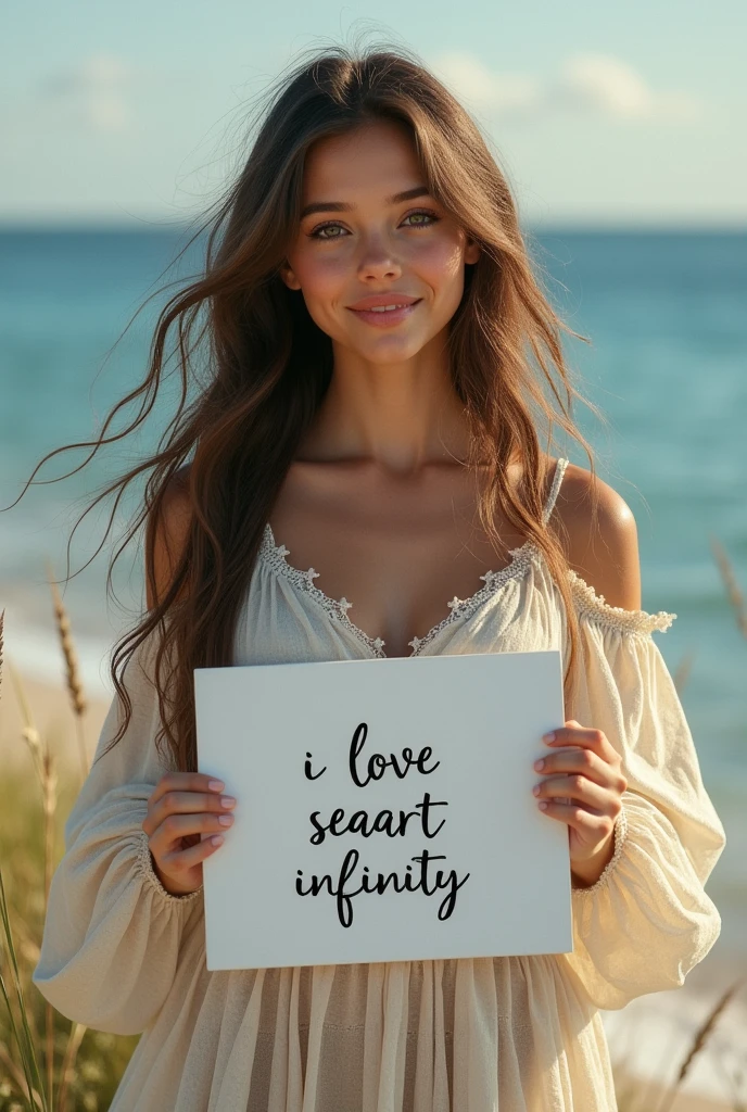 Beautiful girl with wavy long hair, bohemian dress, holding a white board with text "I Love Seaart Infinity" and showing it to the viewer