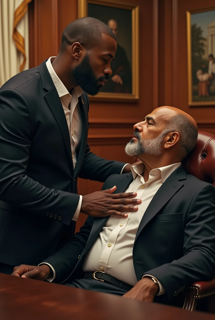 Create an image of a lawyer massaging a businessman's ego. The lawyer is dark-skinned, wearing a suit, shaved head and medium well-groomed beard. The businessman is bald and has a very short beard..
