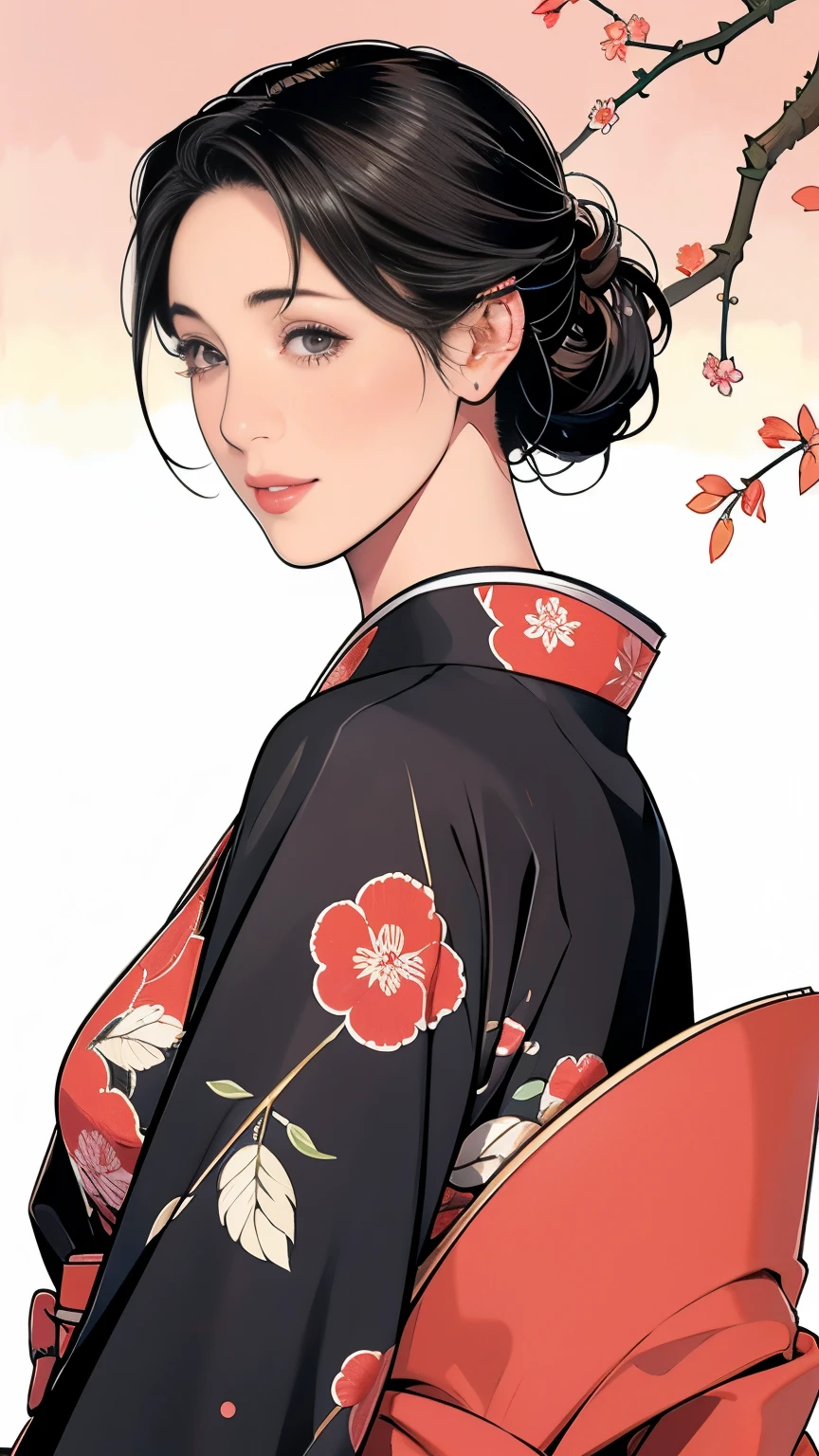 1，Japanese hairstyle，Photorealism，detailed，masterpiece，mature，((full))， (Broad shoulders), ((Huge))，（Beautiful long-sleeved kimono，Kimono，smile，masterpiece，high qualityのAn illustration,, An illustration：Zoe Mozart, pin up art byZoe Mozert, ヴィンテージpin up, ゾーイ・モザートによるAn illustration, girl pin up, pin up girl, pin upポスターガール, pin upガール, pin up, pin upガール,30 years old、high quality，Are standing，High Resolution 4K Information,Kyoto,Cherry tree,
