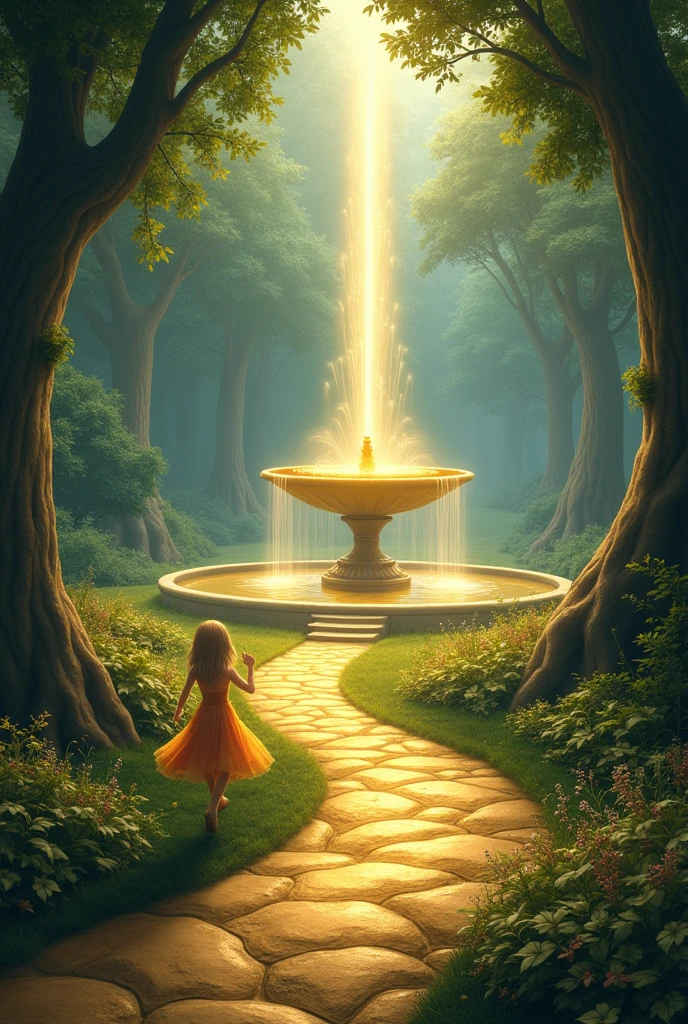 The golden path that guides them to a clearing, where a fountain of golden water emanates magical music. The little fairy appears in the middle of the scene. u v