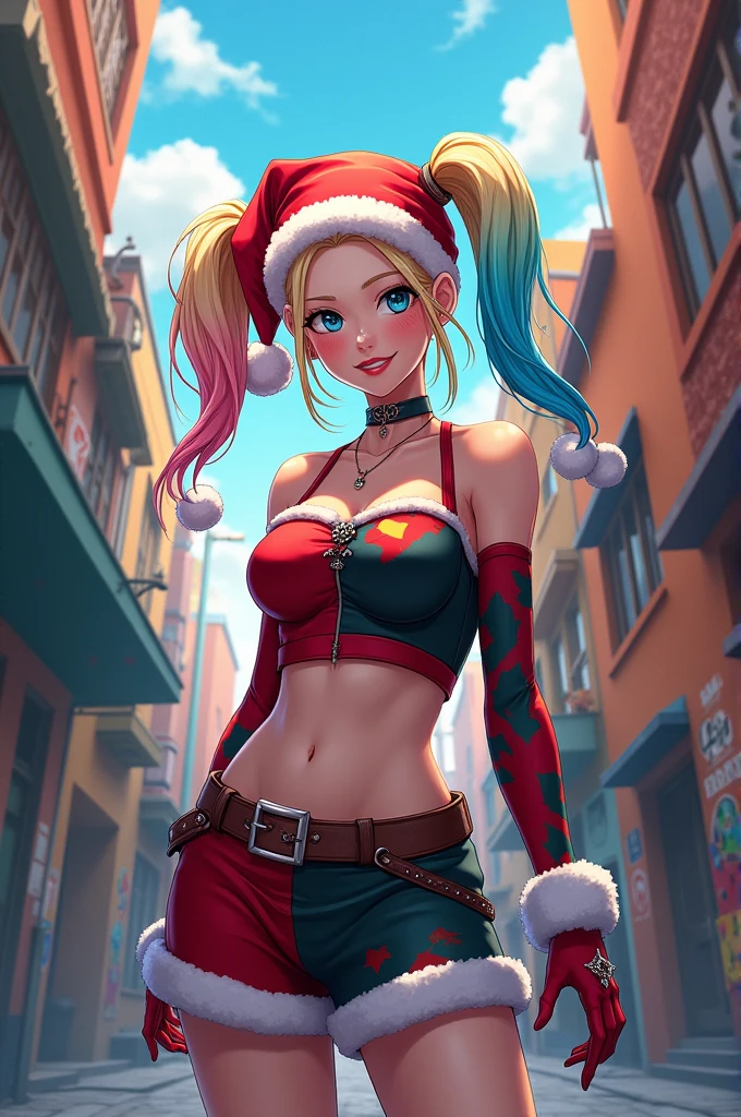margot robbie as a gorgeous Harley Quinn standing on sand wind in the hair