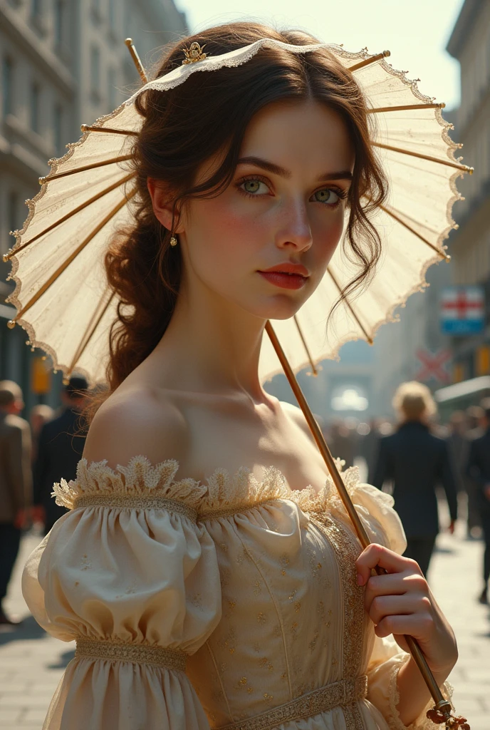 18 year old girl, Brown hair, green eyes, thick and slightly red lips, Hair collected, with Victorian era dress, with a parasol and a London landscape in 1880