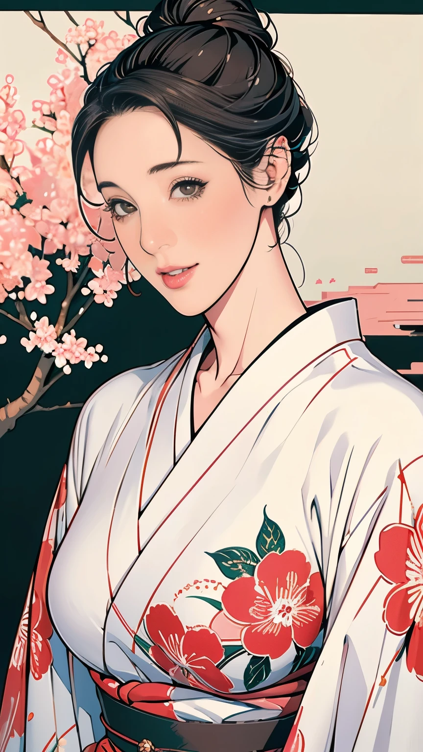 1,Japanese hairstyle,Photorealism,detailed,masterpiece,mature,((full)), (Broad shoulders), ((Huge)),(Beautiful long-sleeved kimono,Kimono,smile,masterpiece,high qualityのAn illustration,, An illustration:Zoe Mozart, pin up art byZoe Mozert, ヴィンテージpin up, ゾーイ・モザートによるAn illustration, girl pin up, pin up girl, pin upポスターガール, pin upガール, pin up, pin upガール,30 years old、high quality,Are standing,High Resolution 4K Information,Kyoto,Cherry tree,