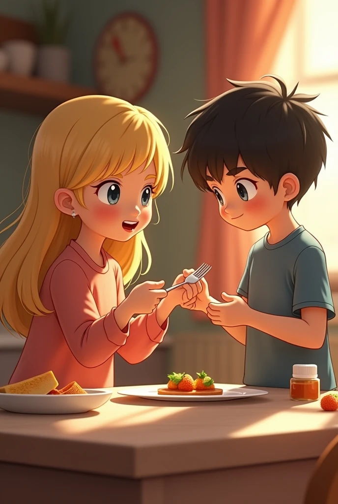 Create a blonde girl handing a fork to a boy with straight black hair