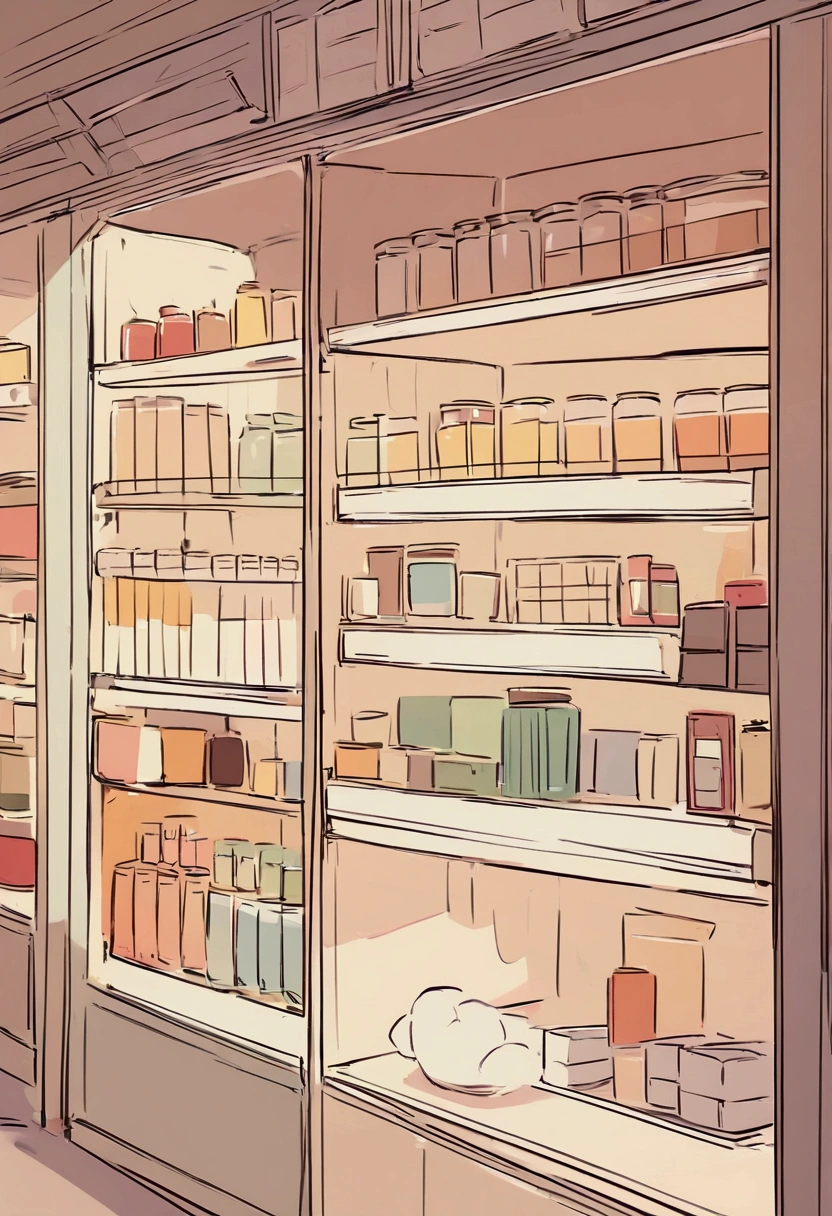 Illustrate an interior of a store full of health products,one line of a long shelf,No People.