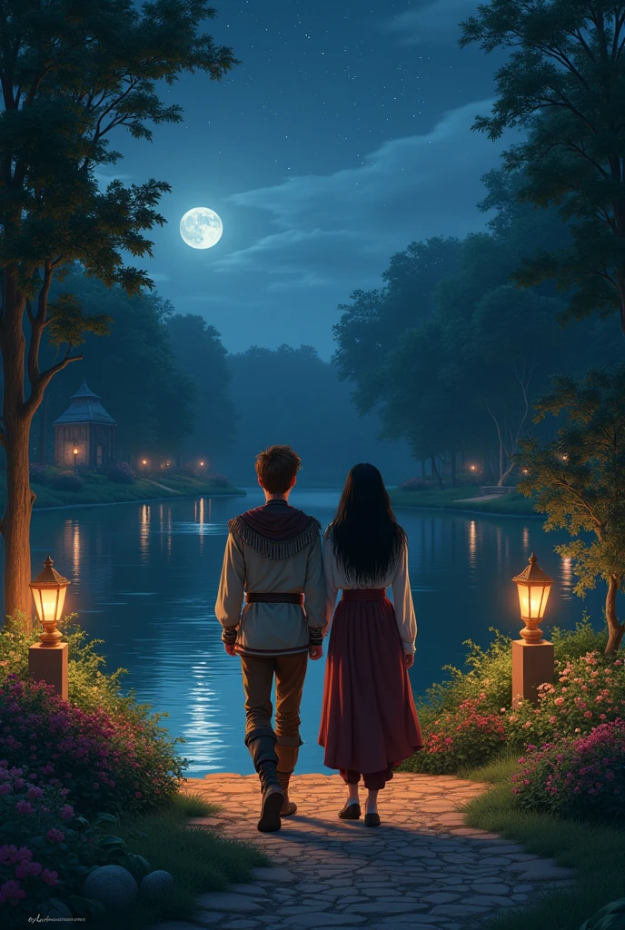 of friends, one with brown hair and one with black hair, walking through a garden with a lake at night. medieval era
