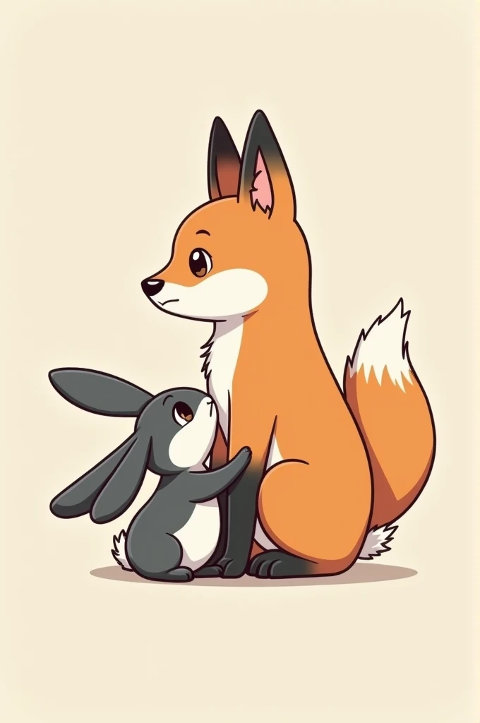 A rabbit with big floppy ears looking up at a tall, sitting fox. In chibi The rabbit in black and white and the fox in orange tones. 
In a circle, hugging each other 