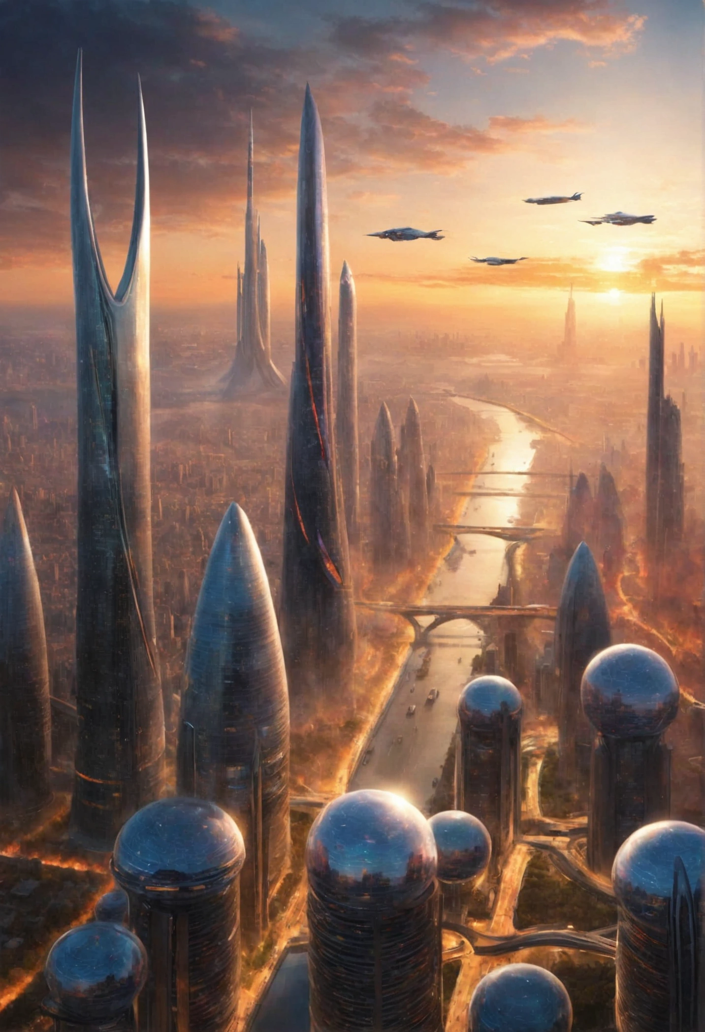 as the morning sun rises, setting horizon awash in a blaze of colors, pushing the darkness further and further, you can see the immense towers and vast stretch of cityscape in this futuristic vision of a ecumenopolis. with  traffic on the lower levels, and hovering vehicles in the air, the city is coming alive with the rising sun