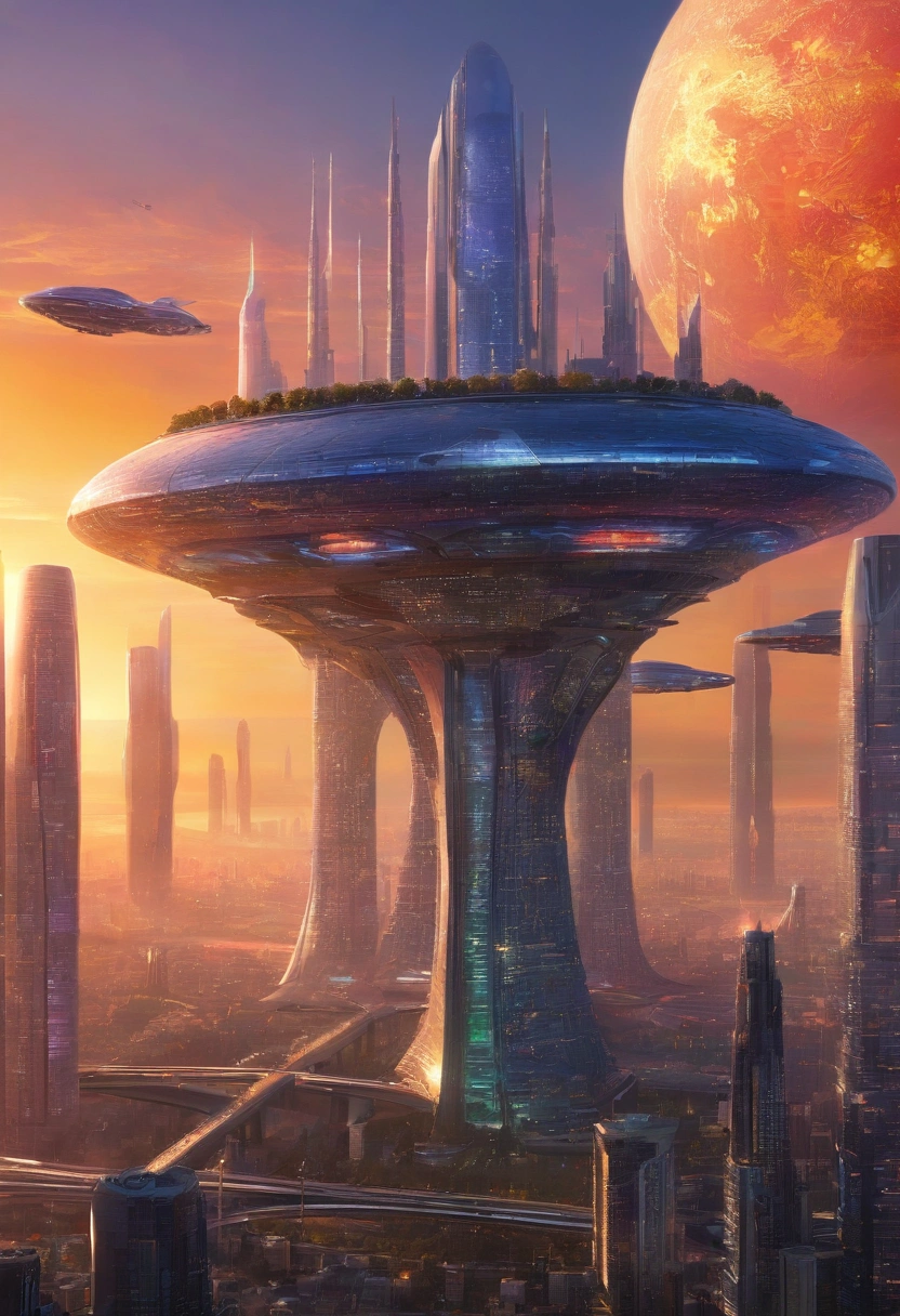 as the morning sun rises, setting horizon awash in a blaze of colors, pushing the darkness further and further, you can see the immense towers and vast stretch of cityscape in this futuristic vision of a ecumenopolis. with traffic on the lower levels, and hovering vehicles in the air, the city is coming alive with the rising sun