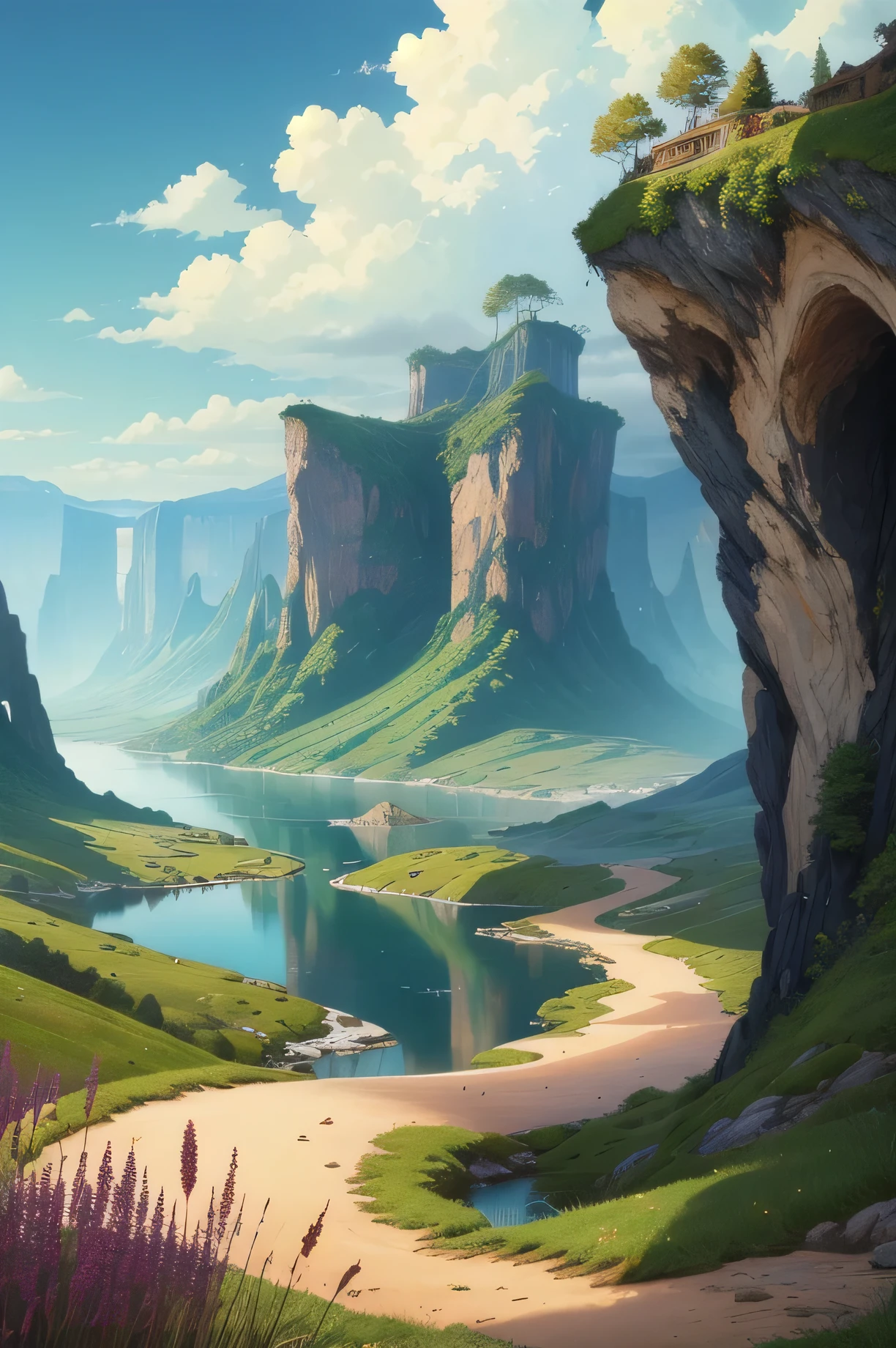 beautiful fantasy landscape, alien world, red grasses and green rivers