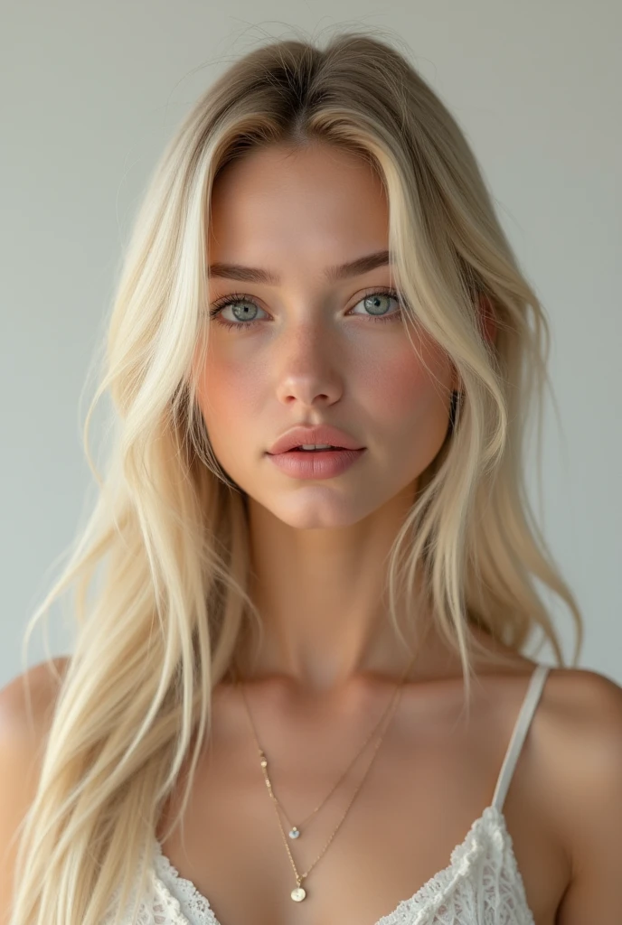 20 year old blonde woman, realistic, long straight flat hair