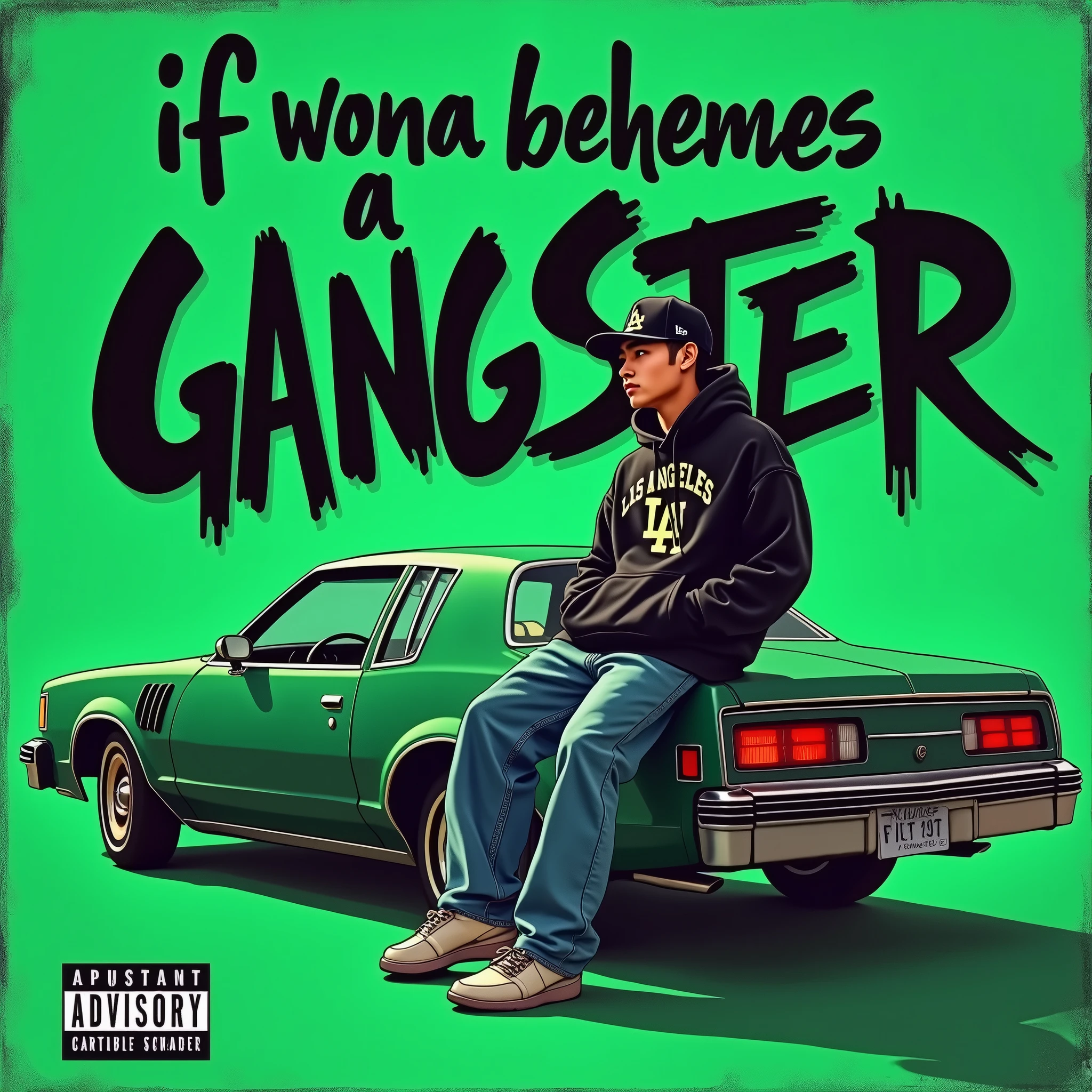 G-FUNK Hip Hop album cover, green background, green car, with the words If WONA behemes a gangster on the back of the painting, an Asian teenager wearing a black LA hoodie, a black LA ball cap with a deep press and a wide blue jeans, lets one of them sit on the bonnet and step aside