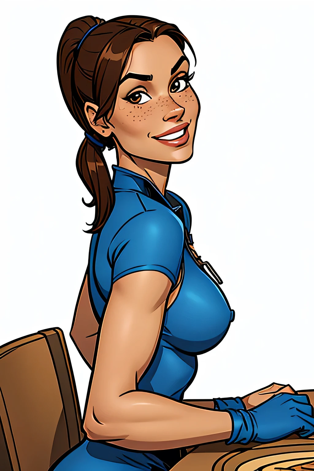 Thin woman (Lara Croft), age 25, 4K (High definition), beautiful smiling, seducing gaze, eyes browns, wearing a blue dress (com zipper lateral) and short sleeves, arms positioned at the side of the body, brunette skin, long brown hair tangled (pony-tail), upper body (sitting at the table), full of curves with freckles on her chest and neck, round breasts. High-quality Marvel style, white background.