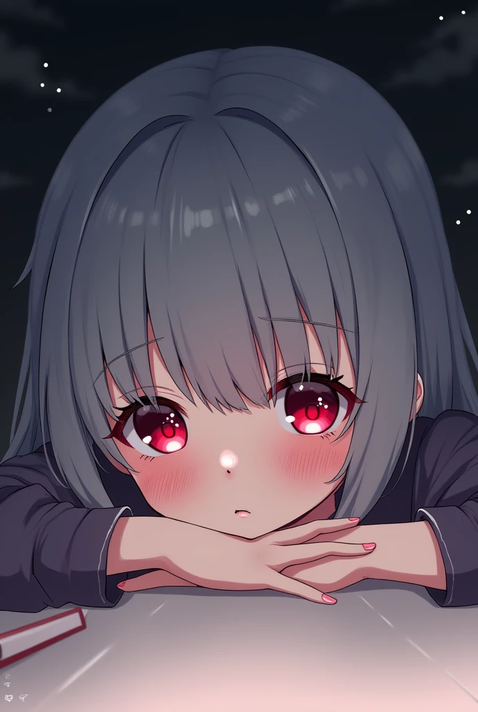 Be a girl with pink skin, pretty eyes (red eyes) as deep as the night sky, Half sad face lying on the table, Gray hair, looking at you, With anime/Semi-realistic art style