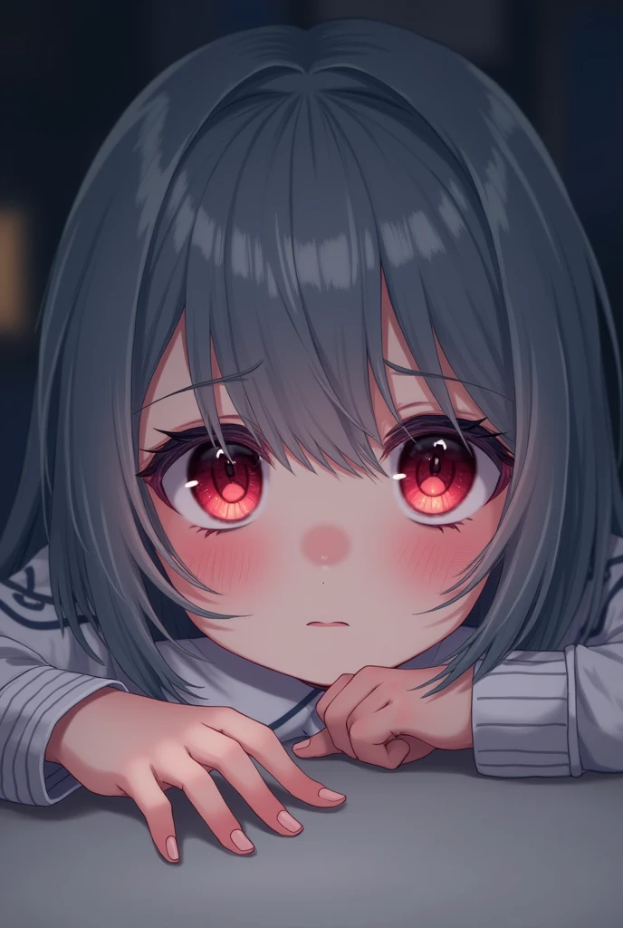 Be a girl with pink skin, pretty eyes (red eyes) as deep as the night sky, Half sad face lying on the table, Gray hair, looking at you, With anime/Semi-realistic art style