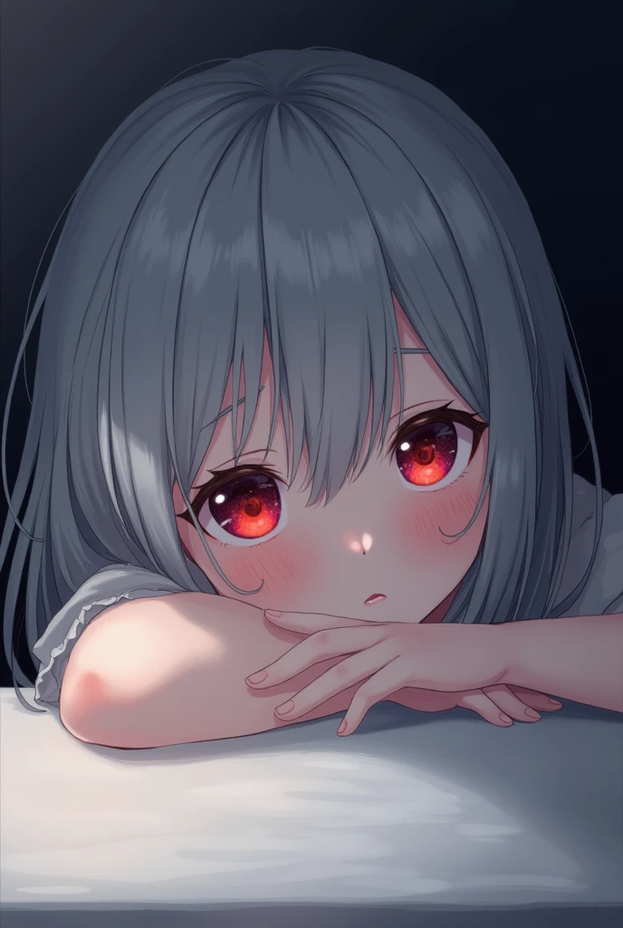 Be a girl with pink skin, pretty eyes (red eyes) as deep as the night sky, Half sad face lying on the table, Gray hair, looking at you, With anime/Semi-realistic art style