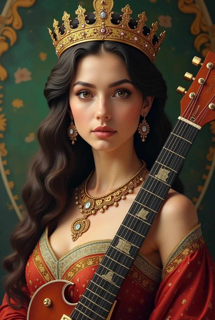 Queen Esther, beautiful and lush, full of charm and with fine jewelry and a beautiful crown on her head, guitar body