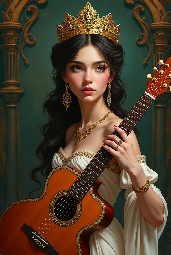 Queen Esther, beautiful and lush, full of charm and with fine jewelry and a beautiful crown on her head, guitar body