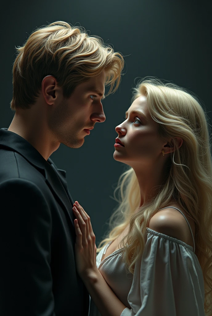 man and woman, The man must have medium-length blond hair., Tez blanca del mismo color de piel que la mujer, He must not have a beard , blue eyes, high, the woman has to have blonde hair, Tez blanca, eyes the color of honey, angelic and cute appearance, They both look at each other in pain, dark background