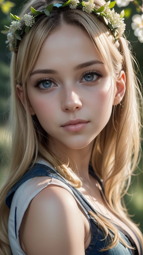 1  girl, beautiful detailed eyes, beautiful detailed lips, extremely detailed eyes and face, longeyelashes, cute, innocent, sweet, serene expression, golden hair, intricate flower crown, lush garden background, natural lighting, impressionist style, soft pastel colors, (best quality,4k,8k,highres,masterpiece:1.2),ultra-detailed,(realistic,photorealistic,photo-realistic:1.37)