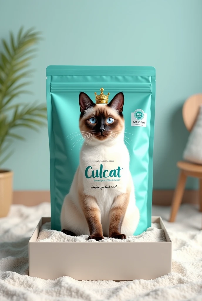 create a 4kg plastic bag for cat litter. must have turquoise and white colors, a realistic photo of a siamese cat sitting in a box with white sand with a charming look and a king&#39;s crown.  It must have the name Culcat on the side of the package and must have the phrase, " Biodegradable Hygenic Sand" 