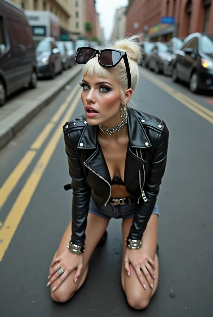 russian milf woman, platinum blonde hair (huge top bun) and oversized sunglasses as headband (big maxi glasses), with very light blue eyes, extremely pale. Wearing cropped black moto jacket with verical zippers on the sides, black lace bra, dark grey jeans and pointy Chelsea boots with cuban heels . Lots of metallic bracelets and collars. Tacky leather belt with oversized buckle. Wide loop earrings. Kneeling in a payer, looking up, eyes and mouth wide open in amazement. Hands on her knees. Listening in amazement to somebody speaking to her, abdominals, thin legs and thin arms, long neck with curled chains around