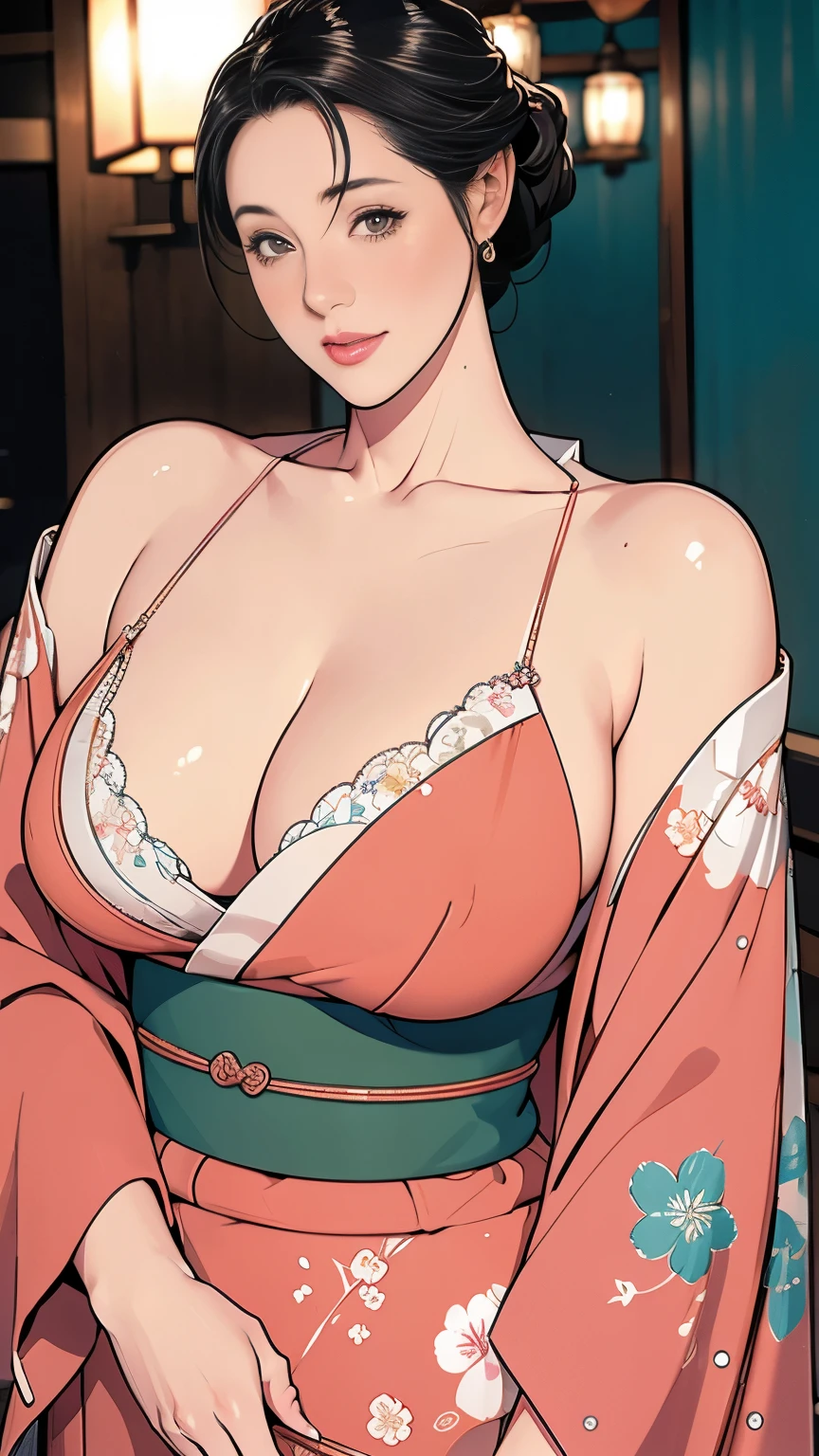 1,Japanese hairstyle,Photorealism,detailed,masterpiece,mature,((full)), (Broad shoulders), ((Huge)),(Beautiful long-sleeved kimono,Kimono,smile,masterpiece,high qualityのAn illustration,, An illustration:Zoe Mozart, pin up art byZoe Mozert, ヴィンテージpin up, ゾーイ・モザートによるAn illustration, girl pin up, pin up girl, pin upポスターガール, pin upガール, pin up, pin upガール,30 years old、high quality,Are standing,High Resolution 4K Information,Kyoto,Cherry tree,