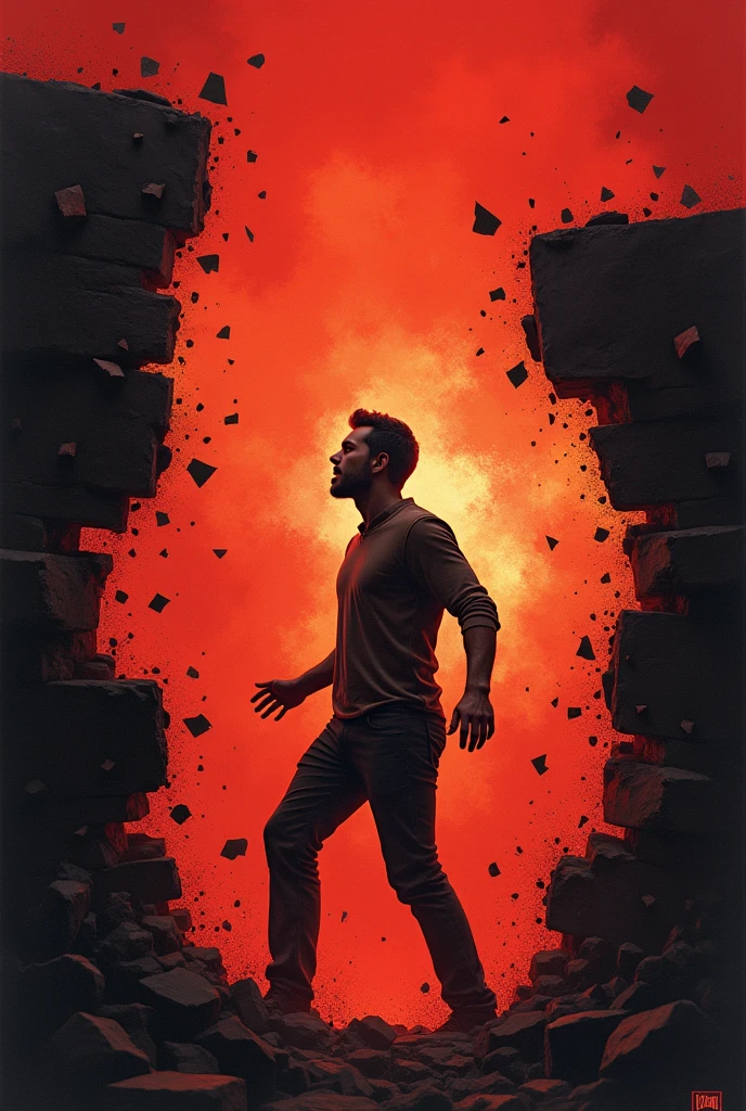 A powerful visual representation of overcoming mental challenges, set against a bold red background. A human figure, with a determined expression, is breaking through a wall of abstract barriers symbolizing fear, doubt, and anxiety. The barriers are depicted as dark, fragmented shapes, shattering as the figure pushes through. The red background enhances the intensity, representing strength, courage, and the fierce battle within the mind. Rays of light burst through the cracks, symbolizing clarity, resilience, and the triumph of willpower over adversity.