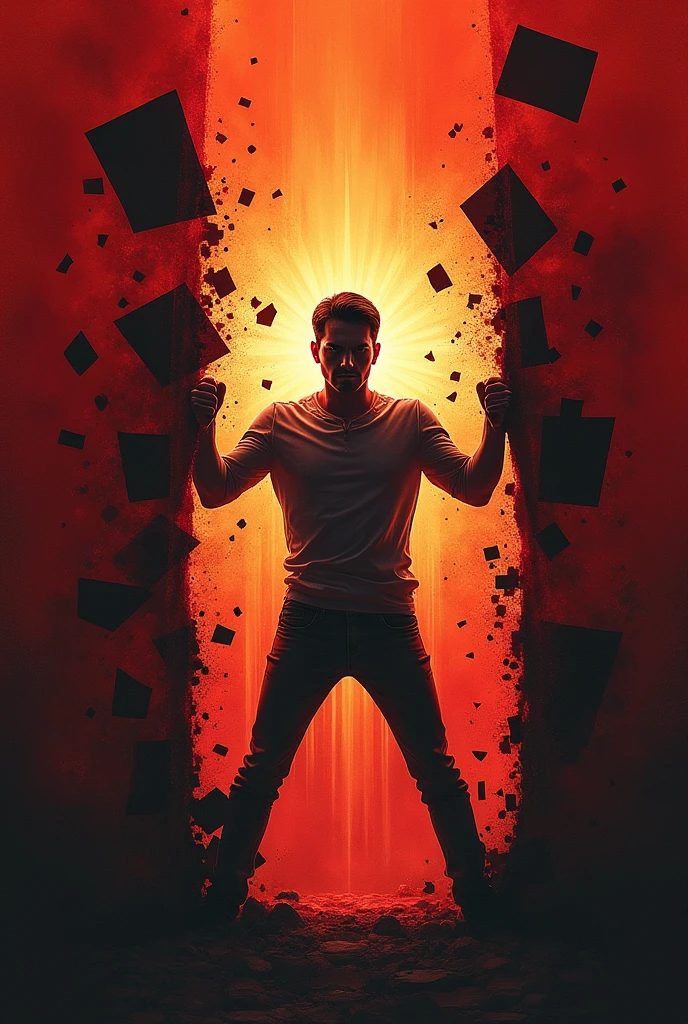 A powerful visual representation of overcoming mental challenges, set against a bold red background. A human figure, with a determined expression, is breaking through a wall of abstract barriers symbolizing fear, doubt, and anxiety. The barriers are depicted as dark, fragmented shapes, shattering as the figure pushes through. The red background enhances the intensity, representing strength, courage, and the fierce battle within the mind. Rays of light burst through the cracks, symbolizing clarity, resilience, and the triumph of willpower over adversity.
