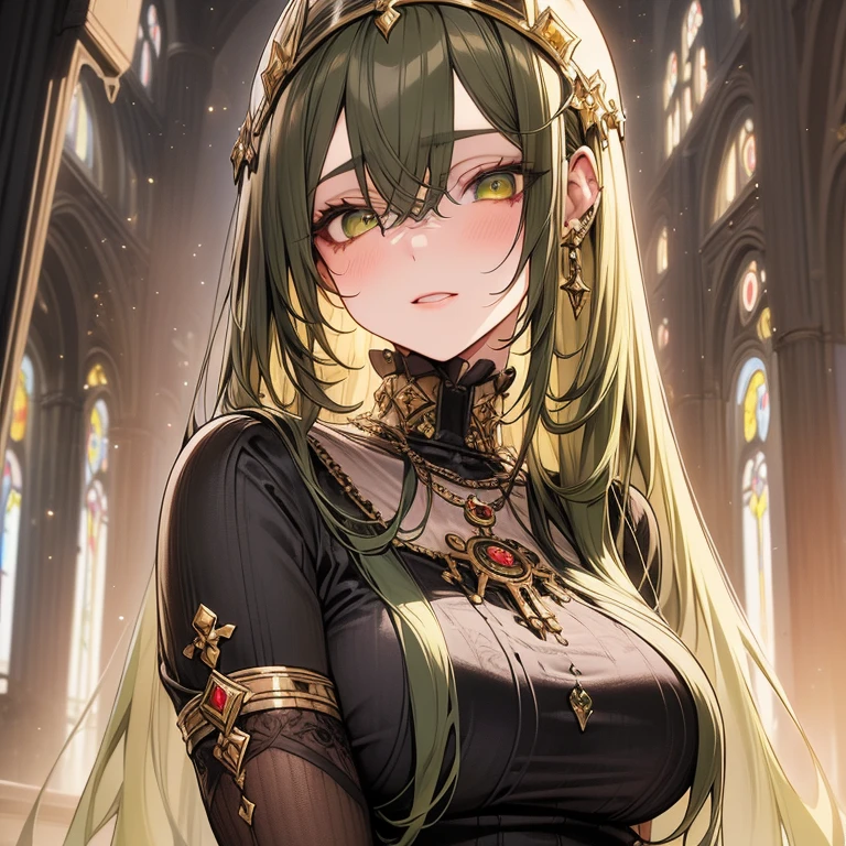 ultra-detailed, masterpiece, perfect anatomy, Precise, High Quality, best quality, high resolution, (illustrated:0.7), (realistic:1.3), (beautiful detailed eyes:1.5), 1 lady, 24 old, extra long hair,(bangs:1.2),weavy hair,(green hair:1.2), green eyes, (big eyes:1.6)medium breast, crossed bangs , hairs between eyes,nun, ancient church, stained glass, (blush:1.2), open clotes