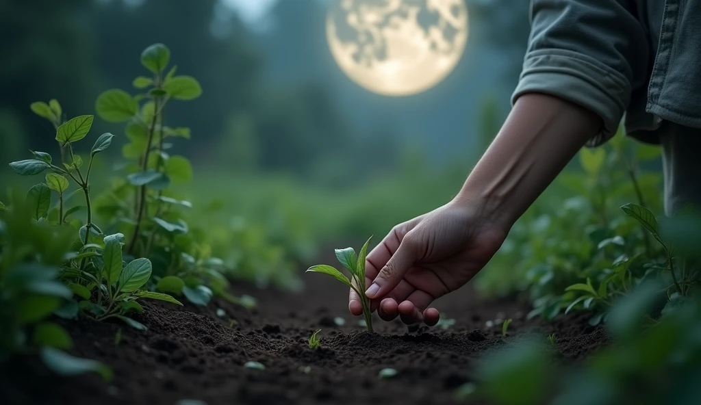 A photograph of a hand planting seeds in a garden under the light of a waxing Moon. The setting is a tranquil, moonlit garden with lush greenery, highlighting the theme of growth and alignment with the Moon’s phases. --ar 16:9