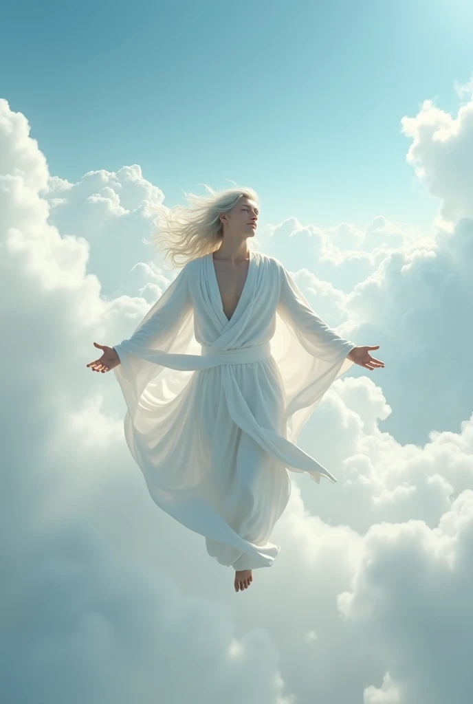 Man flying among the clouds in white clothes white hair young