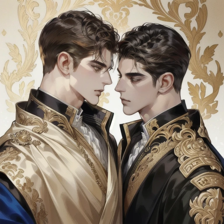 Two man, Handsome two boy, beautiful detailed face, handsome stunning realistic, Suit, gold accessories on clothes, Charlie Bowater Style, upper body, handsome man, Profile picture, Detailed character portrait, adam hughes, by Ignacio Zuloaga, background bright dark, multiple colours 