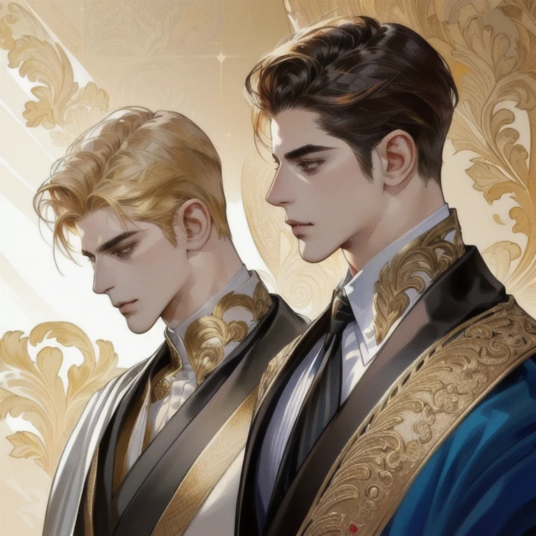 Two man, Handsome two boy, beautiful detailed face, handsome stunning realistic, Suit, gold accessories on clothes, Charlie Bowater Style, upper body, handsome man, Profile picture, Detailed character portrait, adam hughes, by Ignacio Zuloaga, background bright dark, multiple colours 