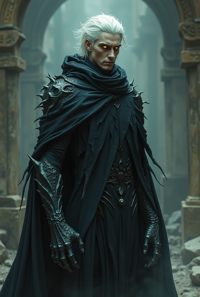 I want you to create a character that has gravity abilities and is a necromancer and has yellow eyes and white hair., and one and a half draconic arm and has a spider cloak, masculine, I'm just a draconic arm, no wings, the cloak covers him completely and is shaped like a spider