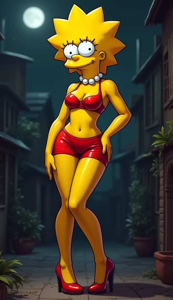 Very detailed. A beautiful and sexy Lisa Simpson. by the wide. parts, gentle smile. shiny latex shorts, intricate and tight red color, crop top. posing as a model. dark ambient. background moon. full shot. High heels.
