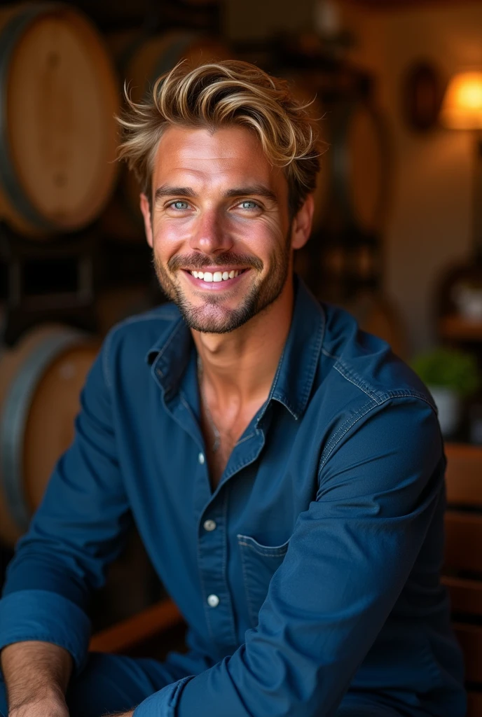 A blond Italian man in a lush classic wine cellar, wearing a blue shirt with a close-up capturing the harmonious beauty of his smile and toned body among the low lights, showing your natural charm