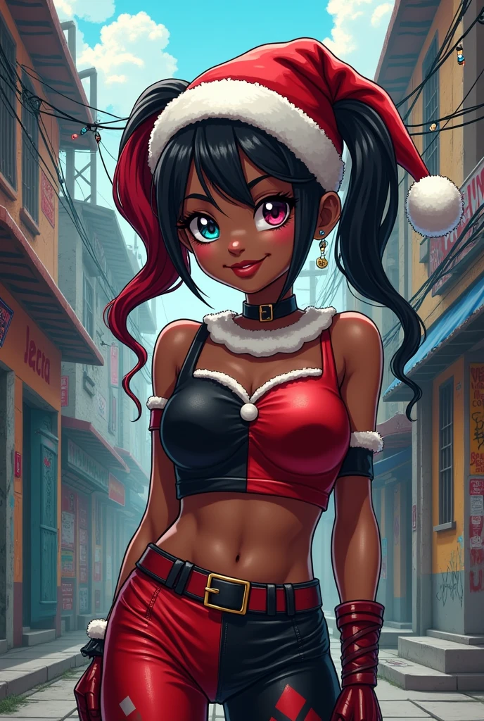 Dark skinned Harley Quinn with a cute Christmas hat and an anime-style favela background