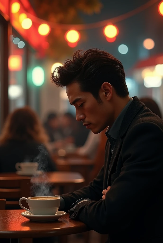 (photorealism:1.2),From a distance, a very handsome young man wearing a suit can be seen in a cafe at night., sitting with his head lowered looking at a cup of coffee on the table, crowded with people, Night Light