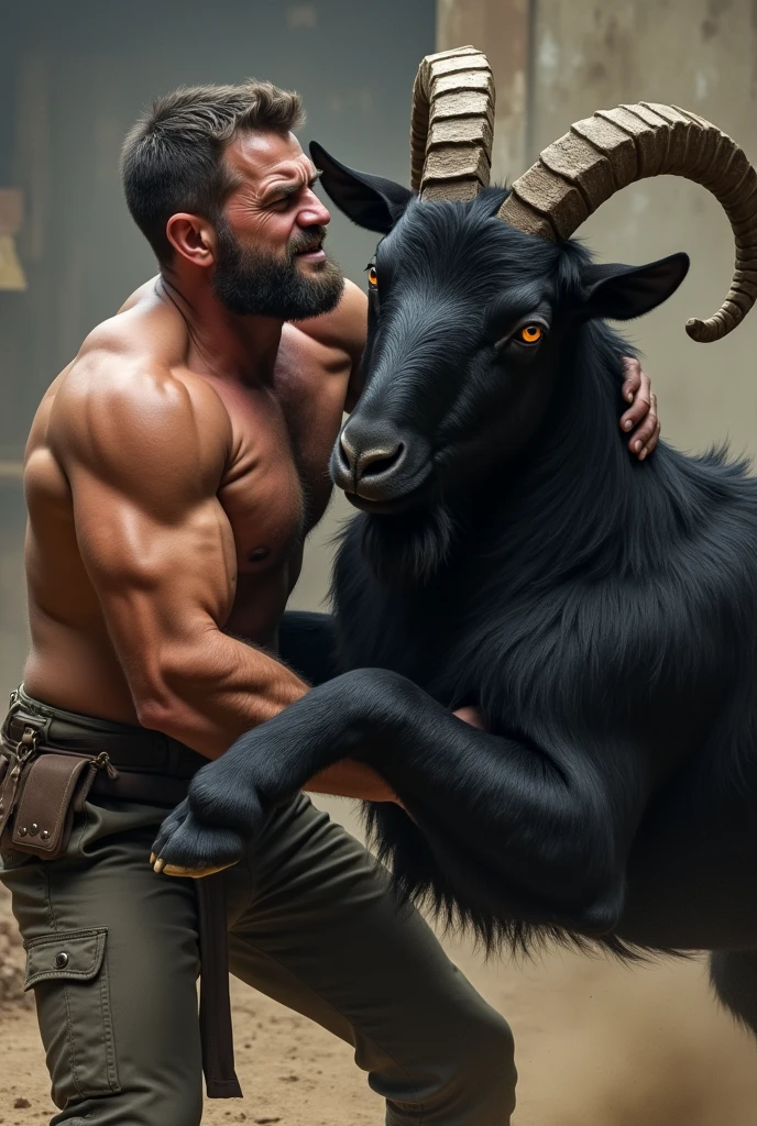 A thirty year old man fights an ordinary black goat with large horns
